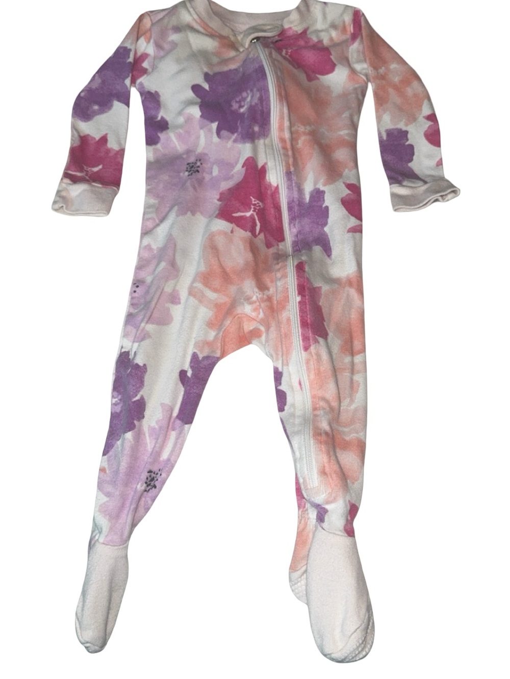 Floral Zip-Front Baby Footie One-Piece - White with Pink, Purple & Peach Flowers